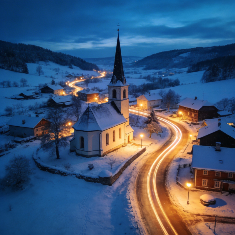 雪夜教堂灯火通明图片