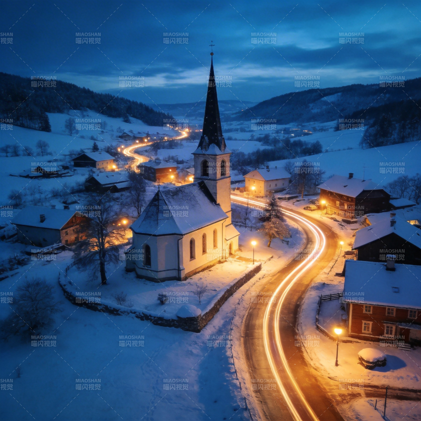 雪夜教堂灯火通明图片