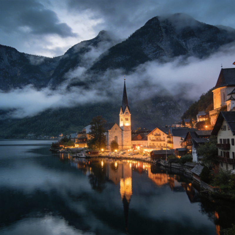 湖畔小镇夜景图片