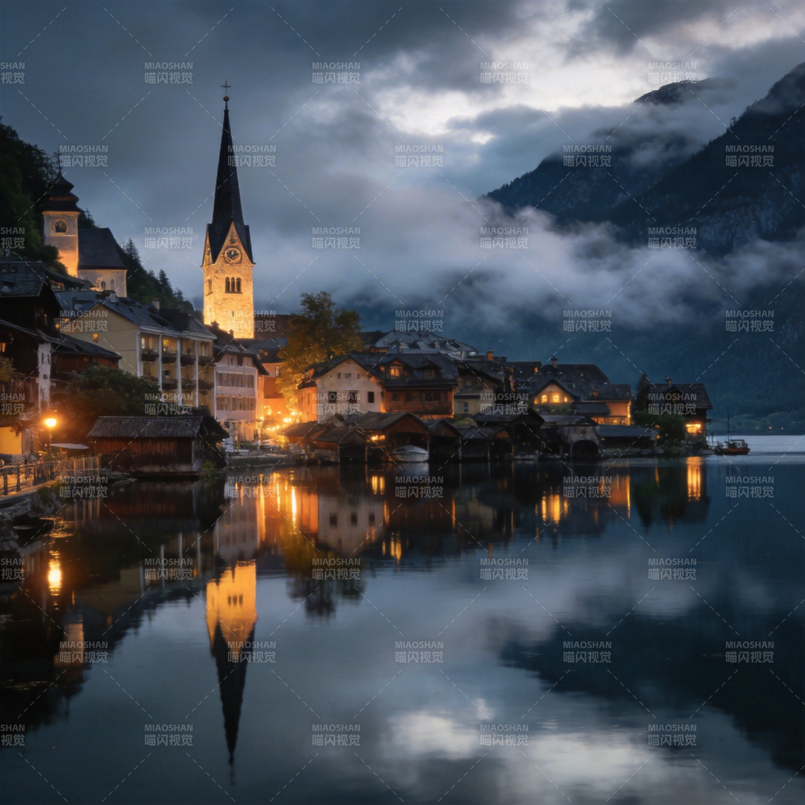湖畔小镇夜景图片