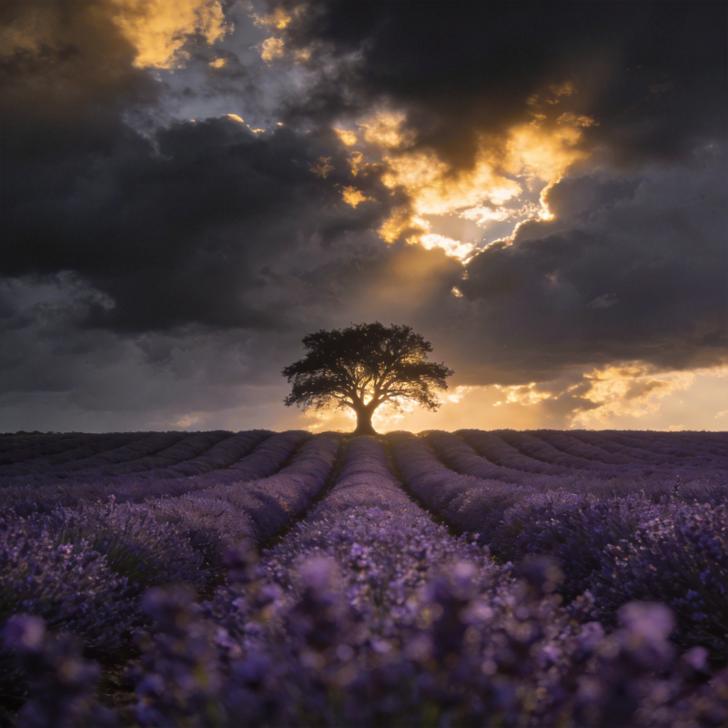 薰衣草田孤树剪影图片