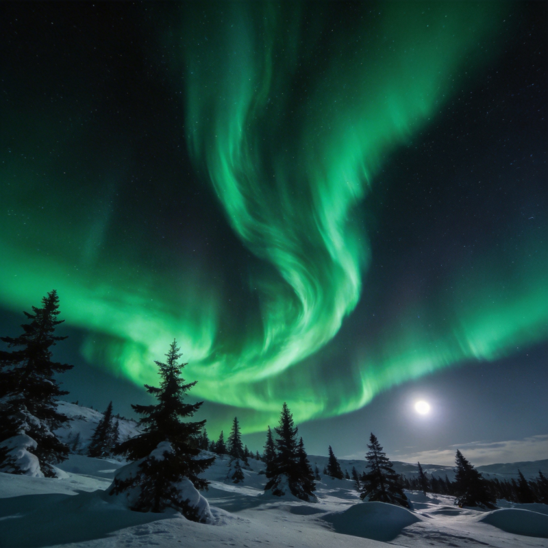 极光映雪夜图片