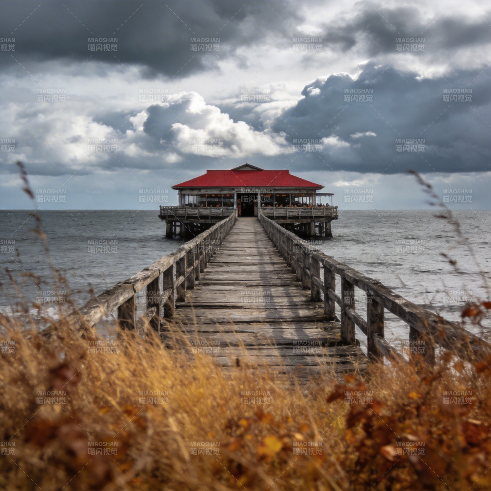 海天尽头的红顶亭图片