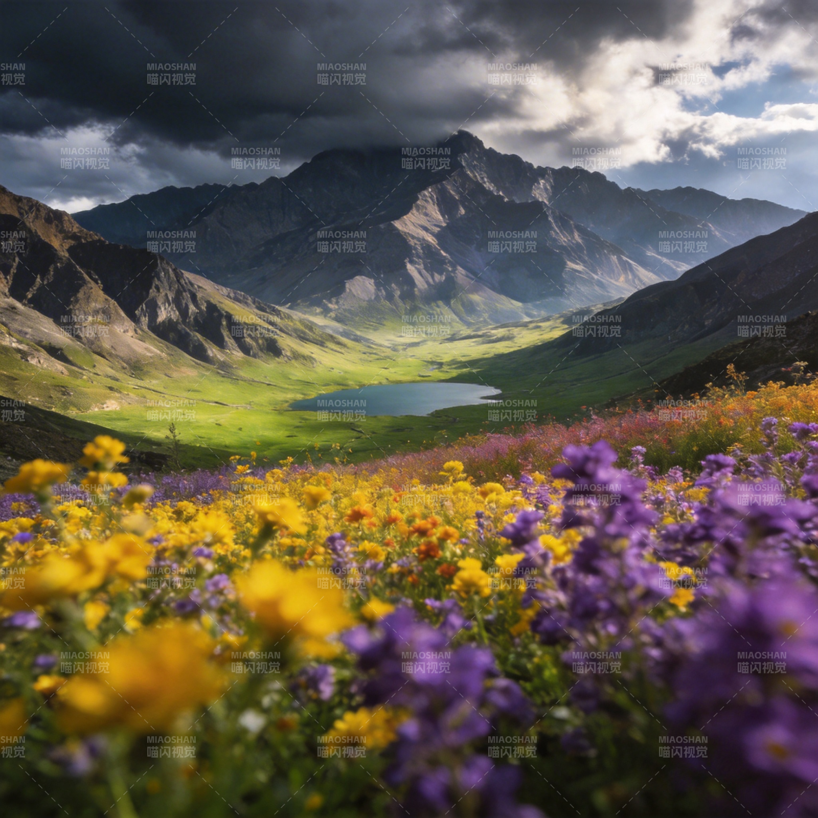 花海山湖图图片