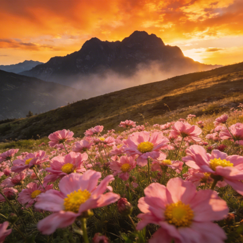 山花映晚霞图片