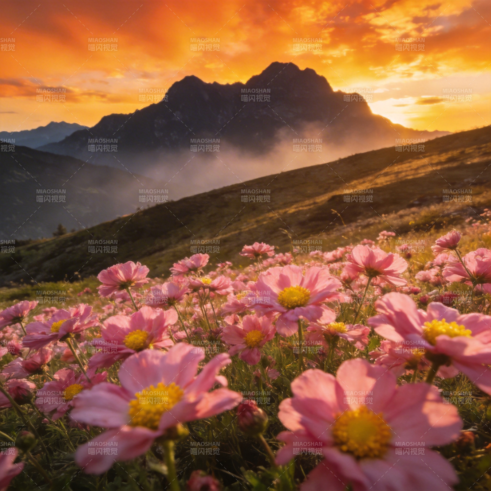 山花映晚霞图片