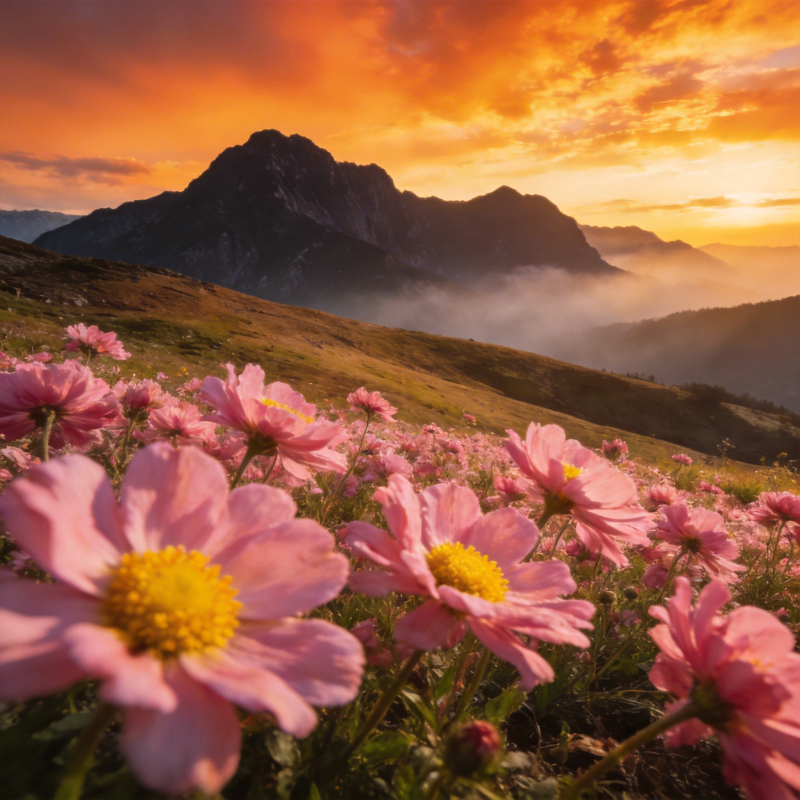 山花映晚霞图片