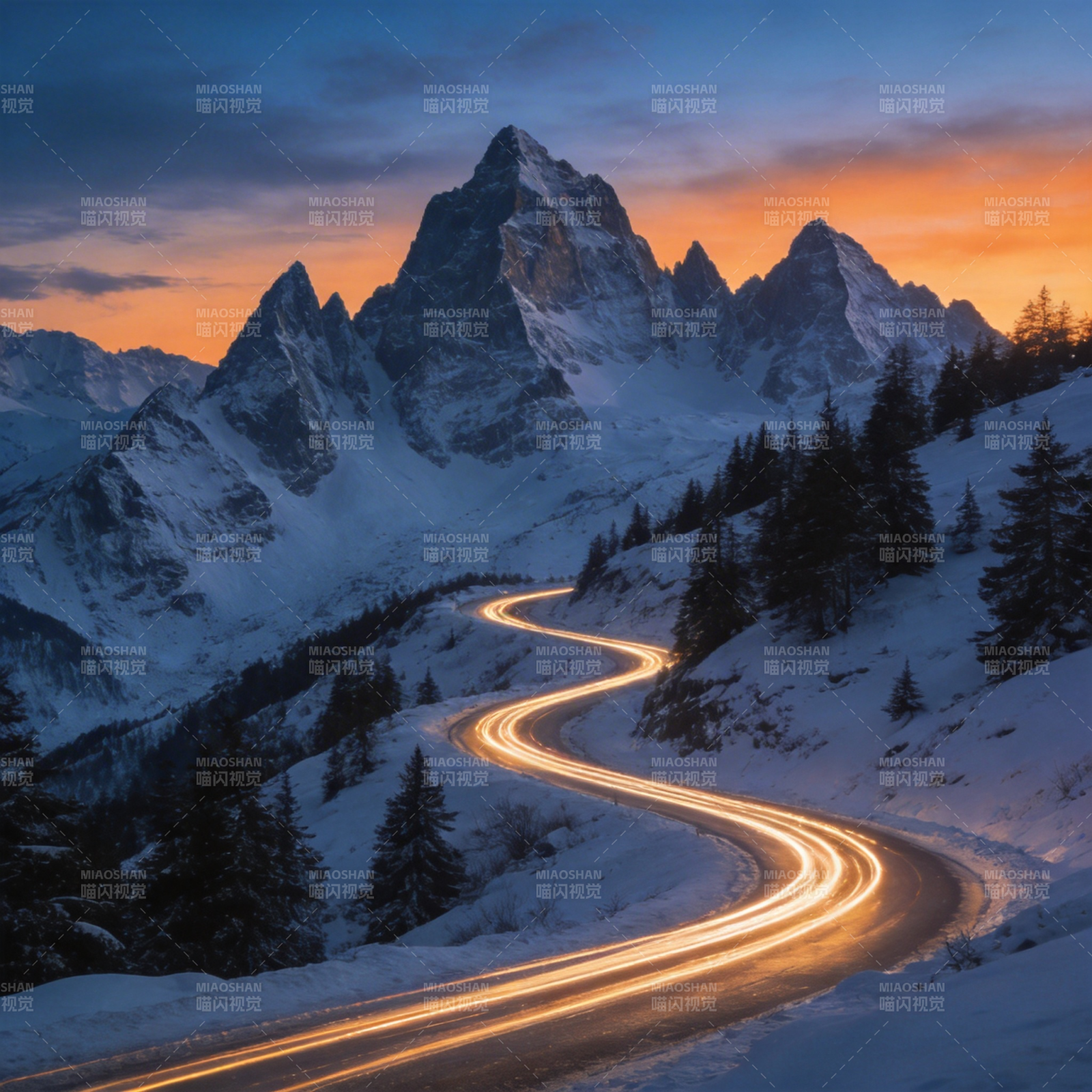 雪岭夜路光影图片