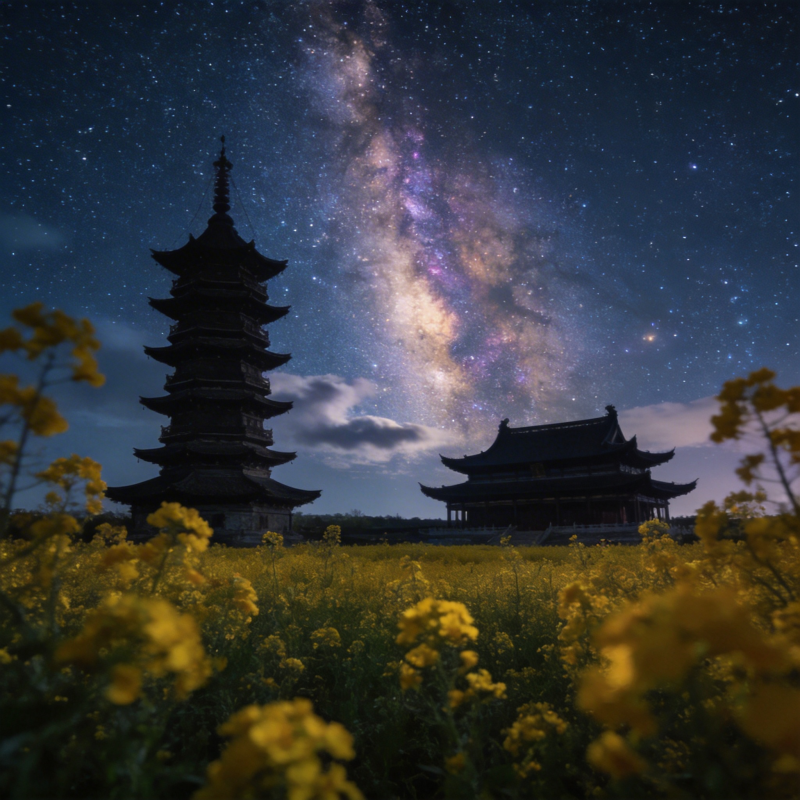 星河塔影花海图片