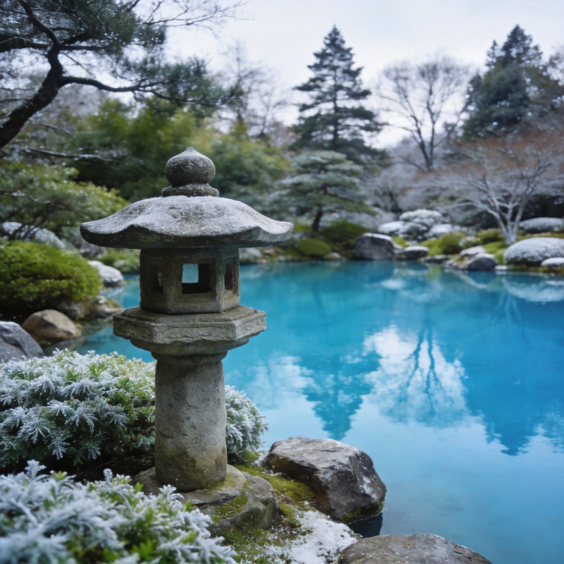 雪景石灯映池水图片