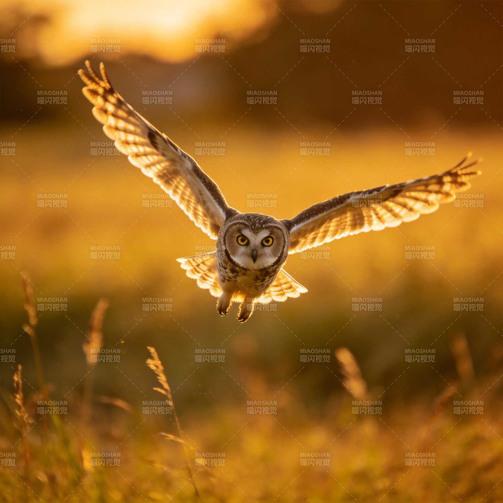 金光中的飞翔猫头鹰图片