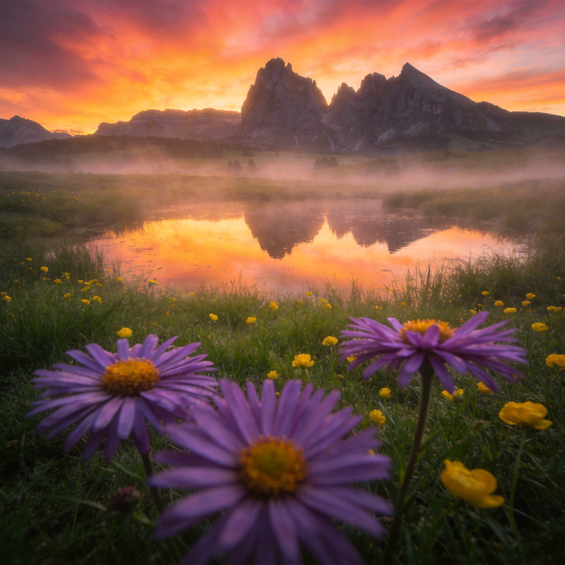 晨曦花影山湖图片