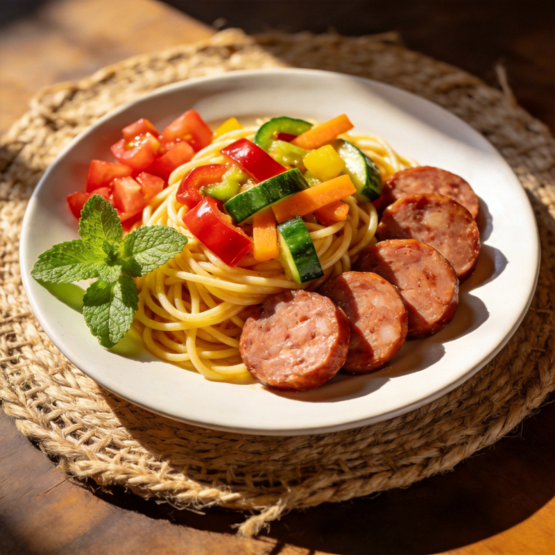 意面配香肠蔬菜图片