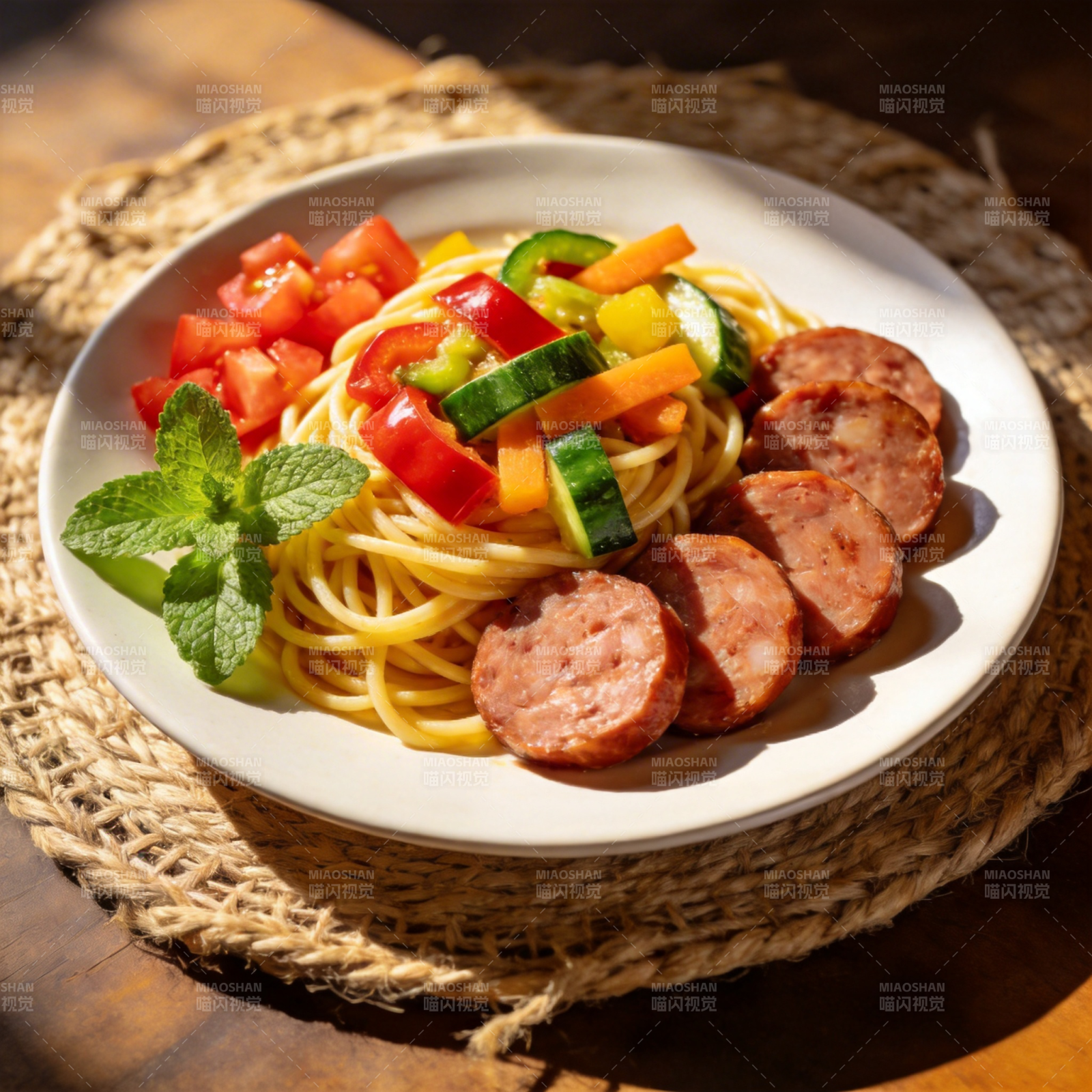 意面配香肠蔬菜图片