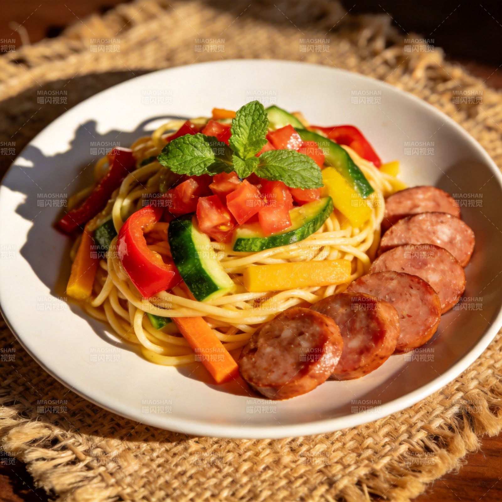 彩蔬香肠意面图片