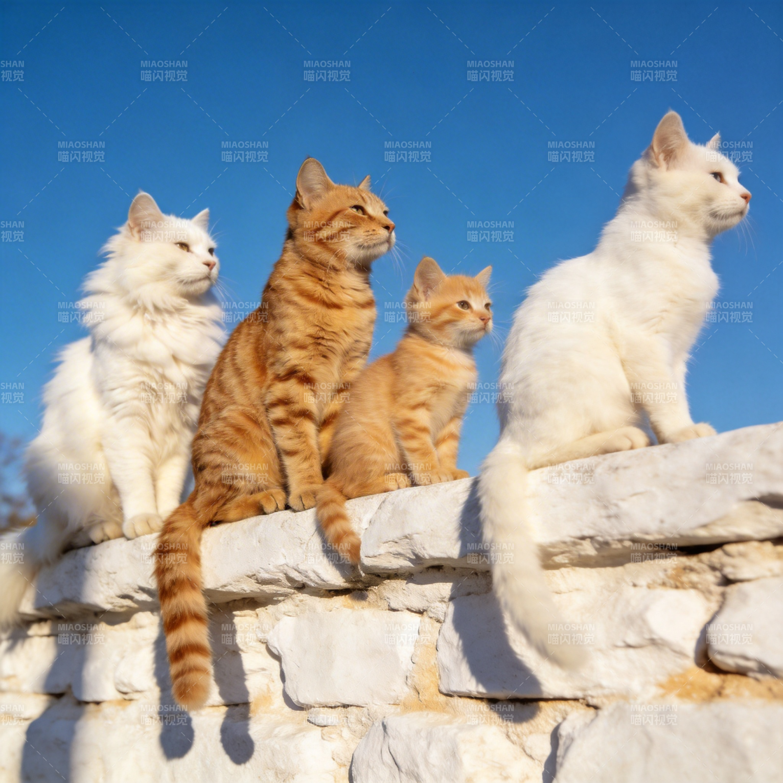 四猫墙头望远方图片