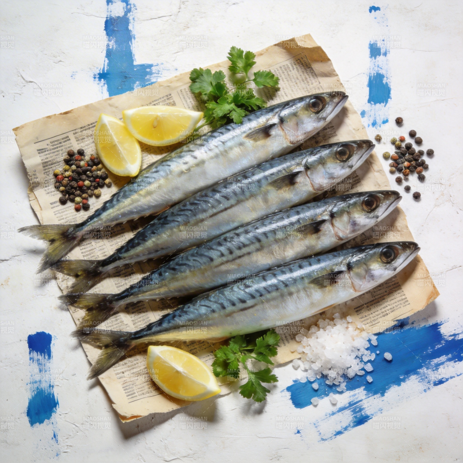 新鲜鲭鱼配柠檬香草图片