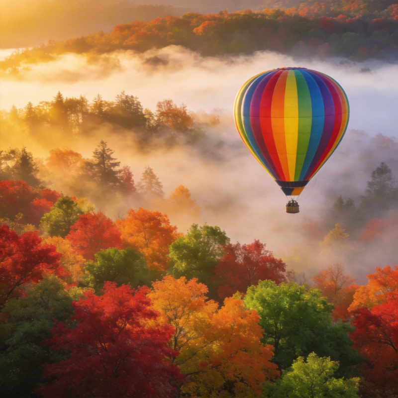 秋雾中热气球翱翔图片