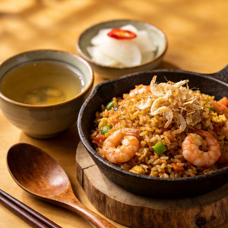 虾仁炒饭配茶图片