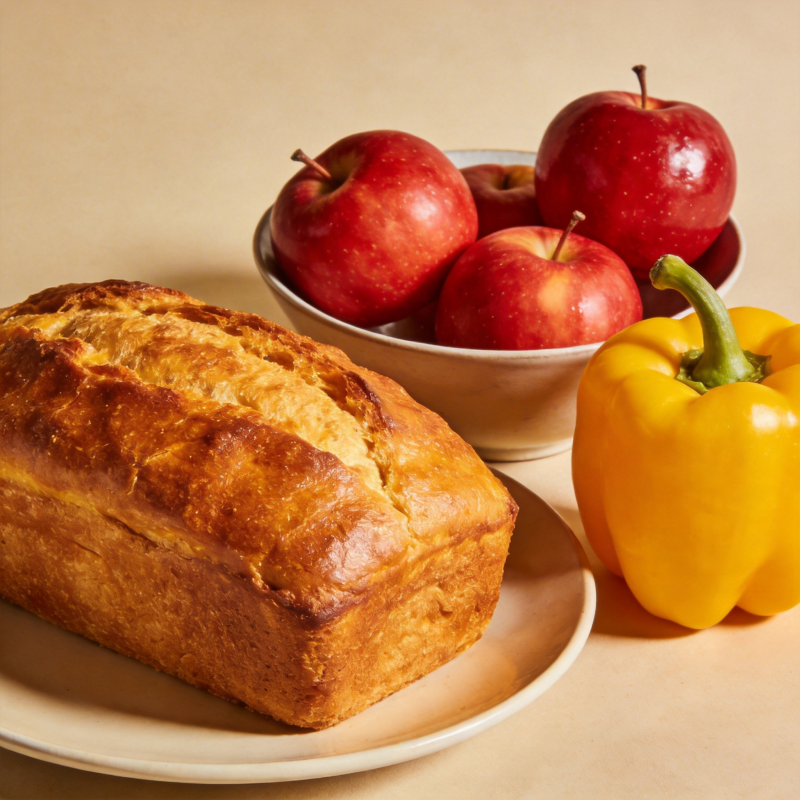 面包苹果黄椒静物图片