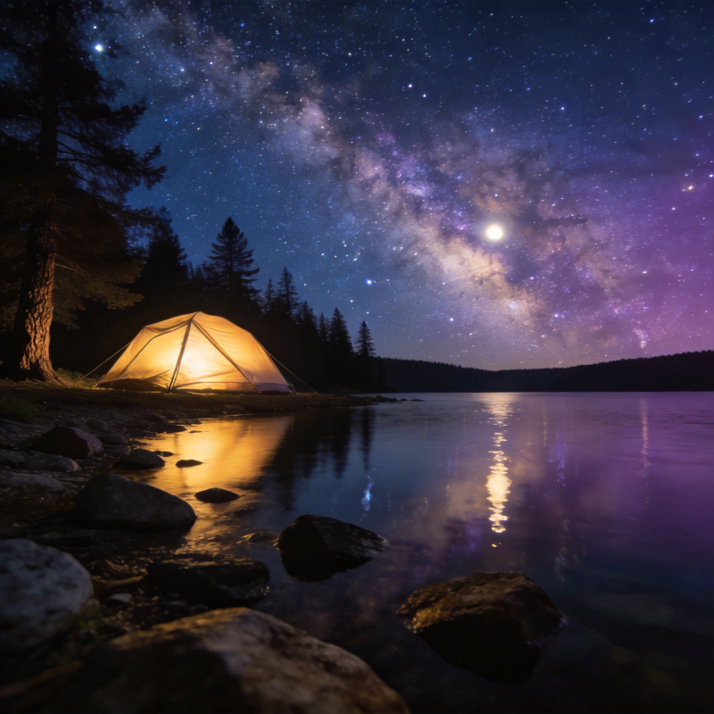 星空下的湖畔露营图片