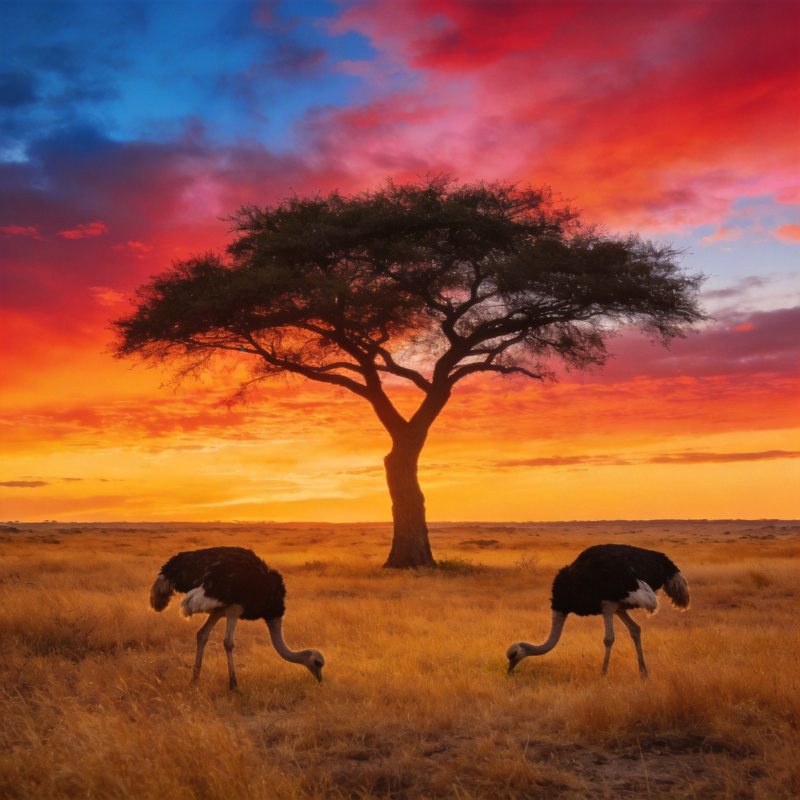 非洲日落鸵鸟图图片