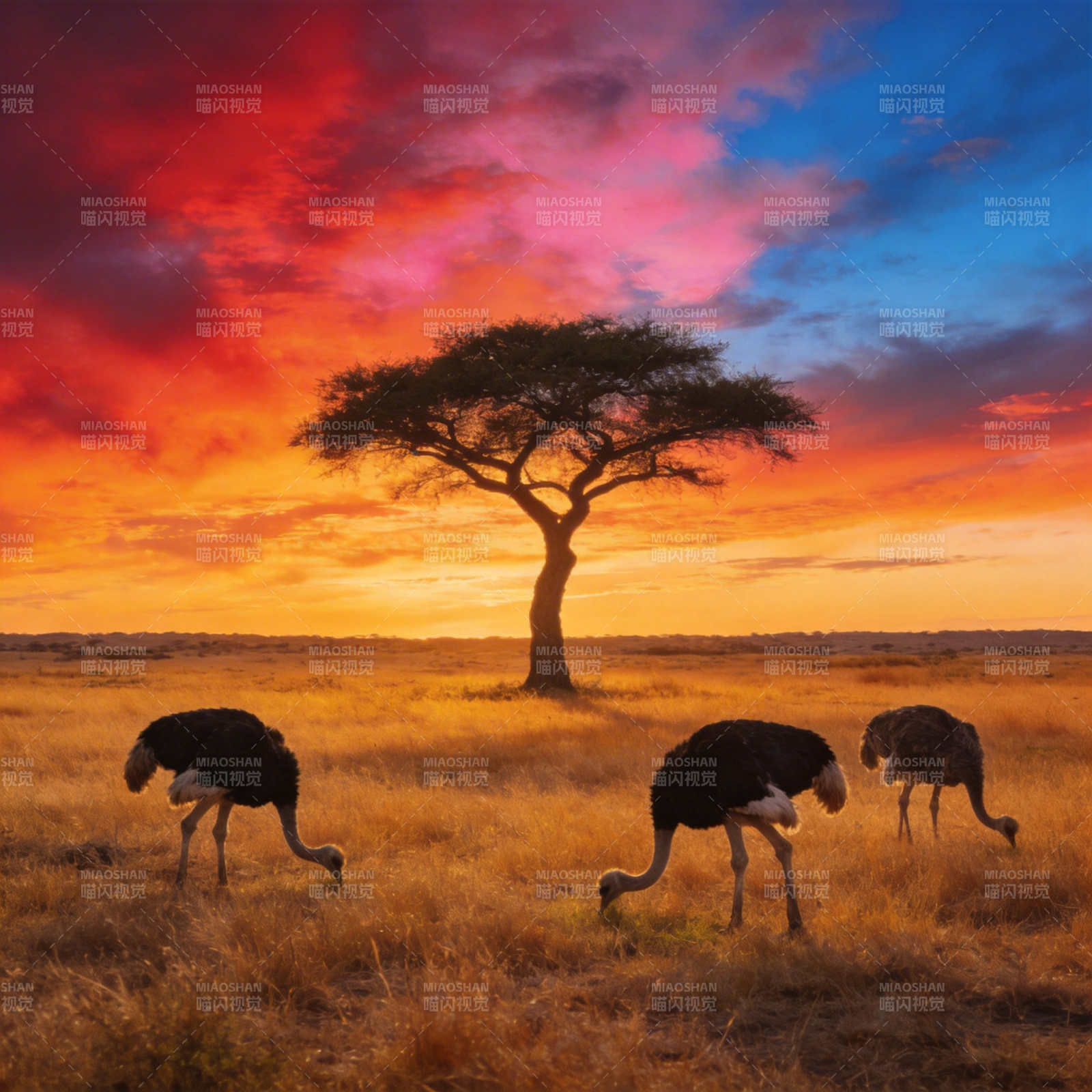 草原日落鸵鸟群图片