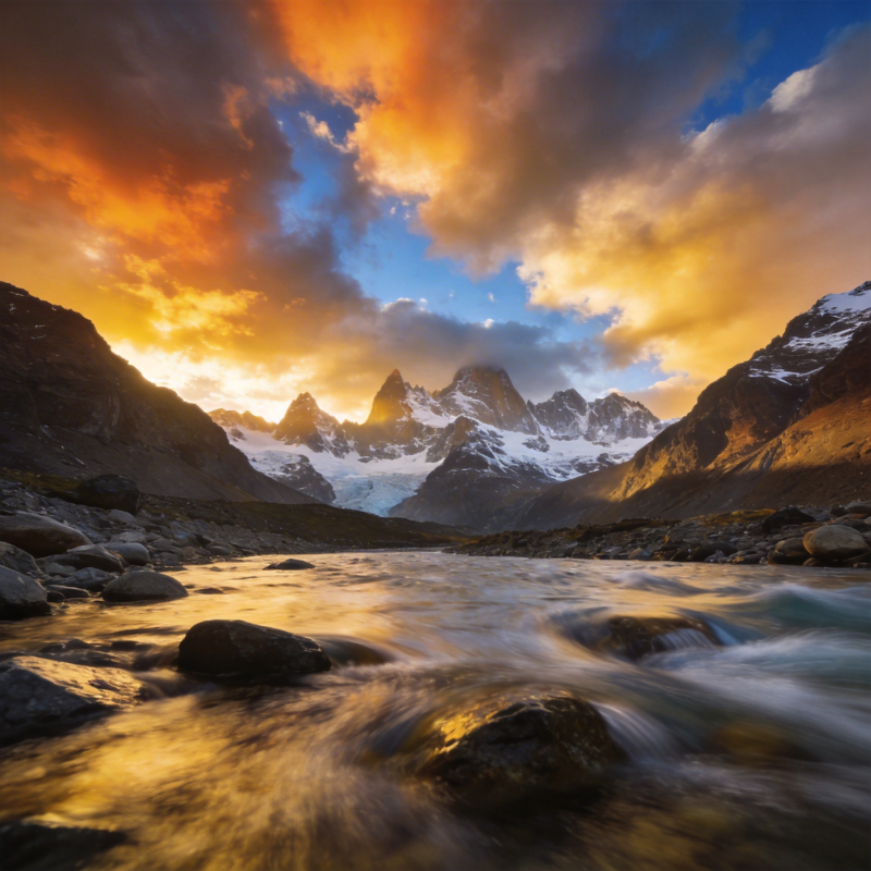 雪山日落溪流图片