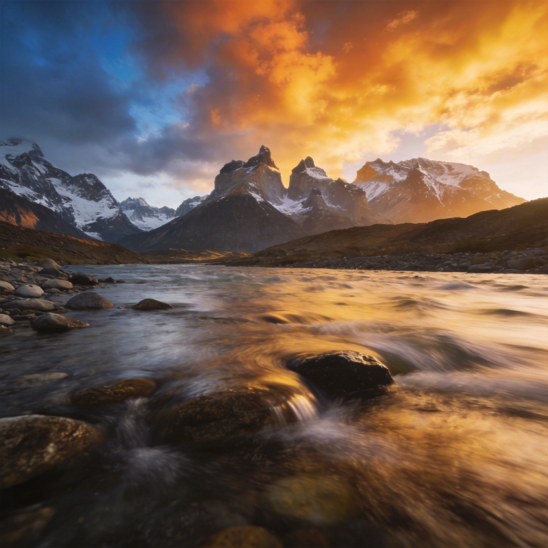 雪山日落溪流图片