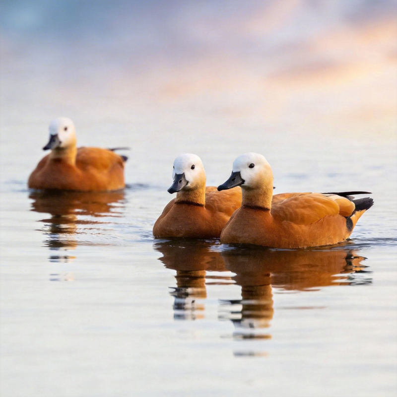 三只赤麻鸭游水图片