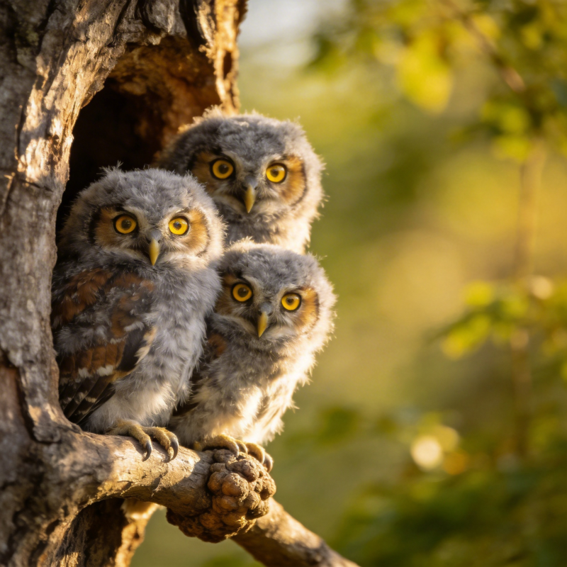 三只小猫头鹰栖息树洞图片