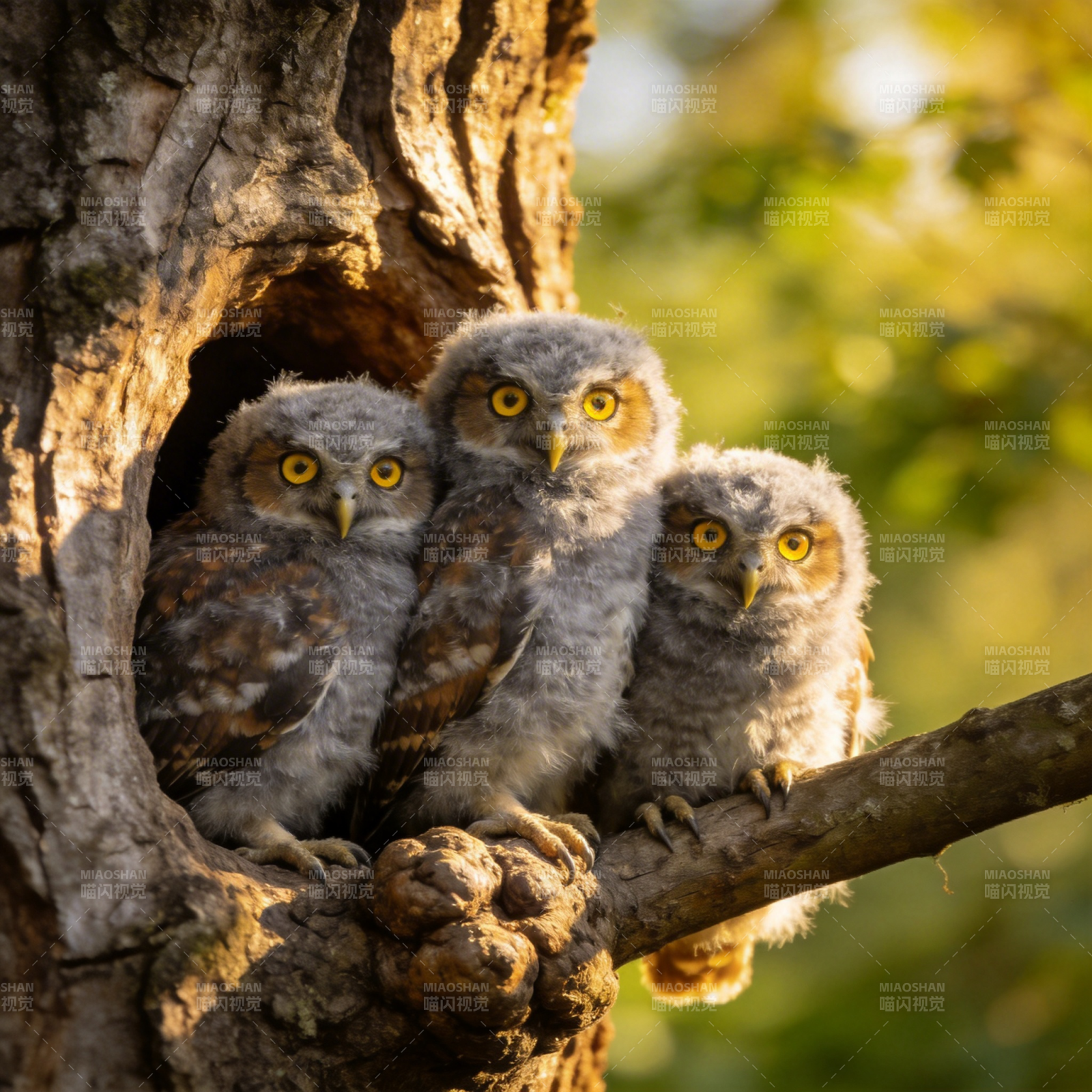 三只小猫头鹰栖息树洞图片