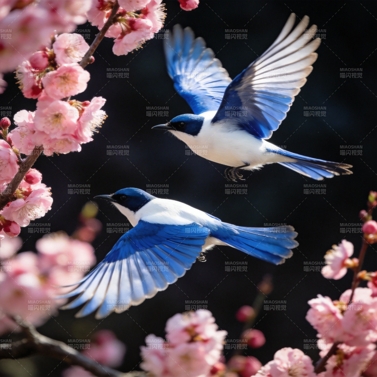 蓝鸟飞舞樱花间图片