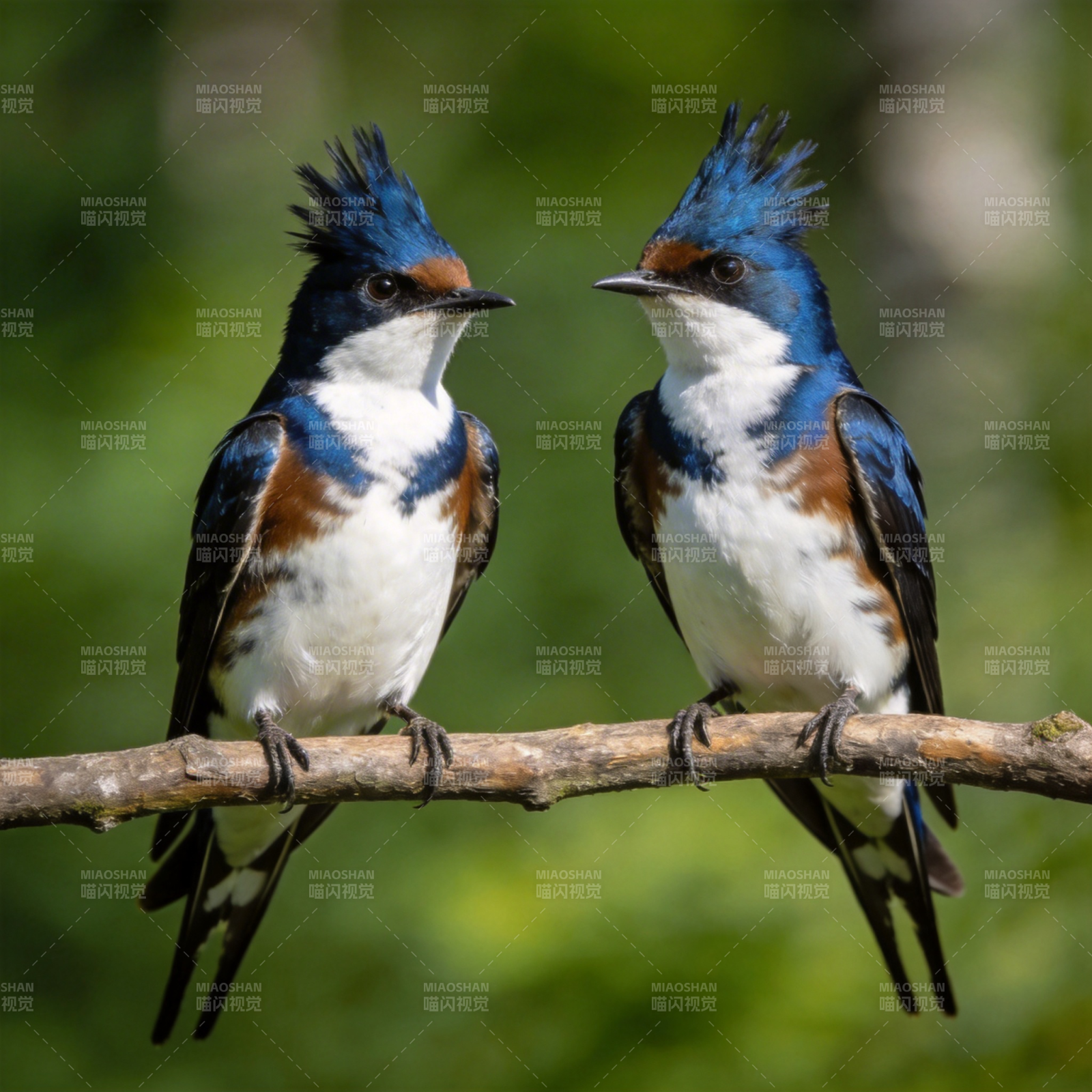 蓝燕双栖枝头图片