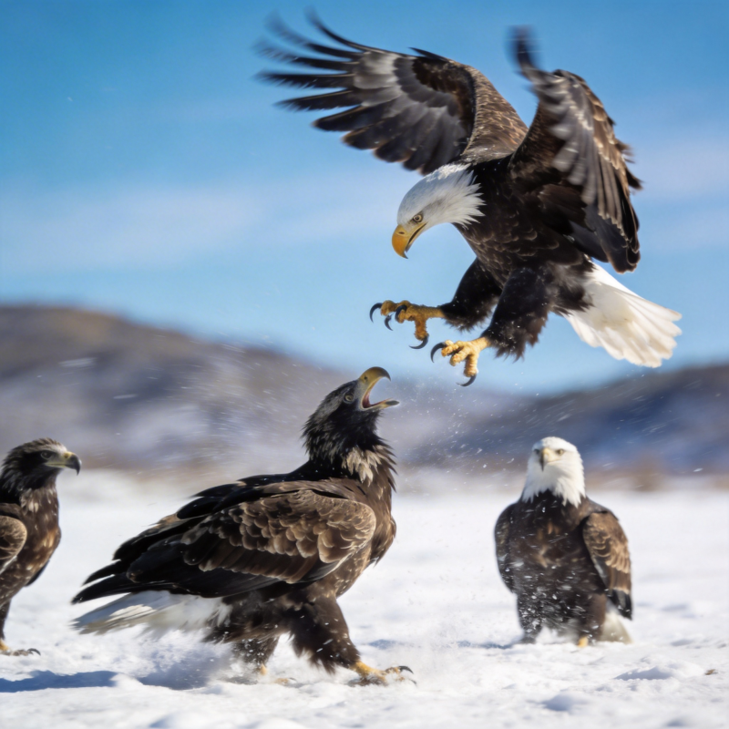 雄鹰雪地争食图片