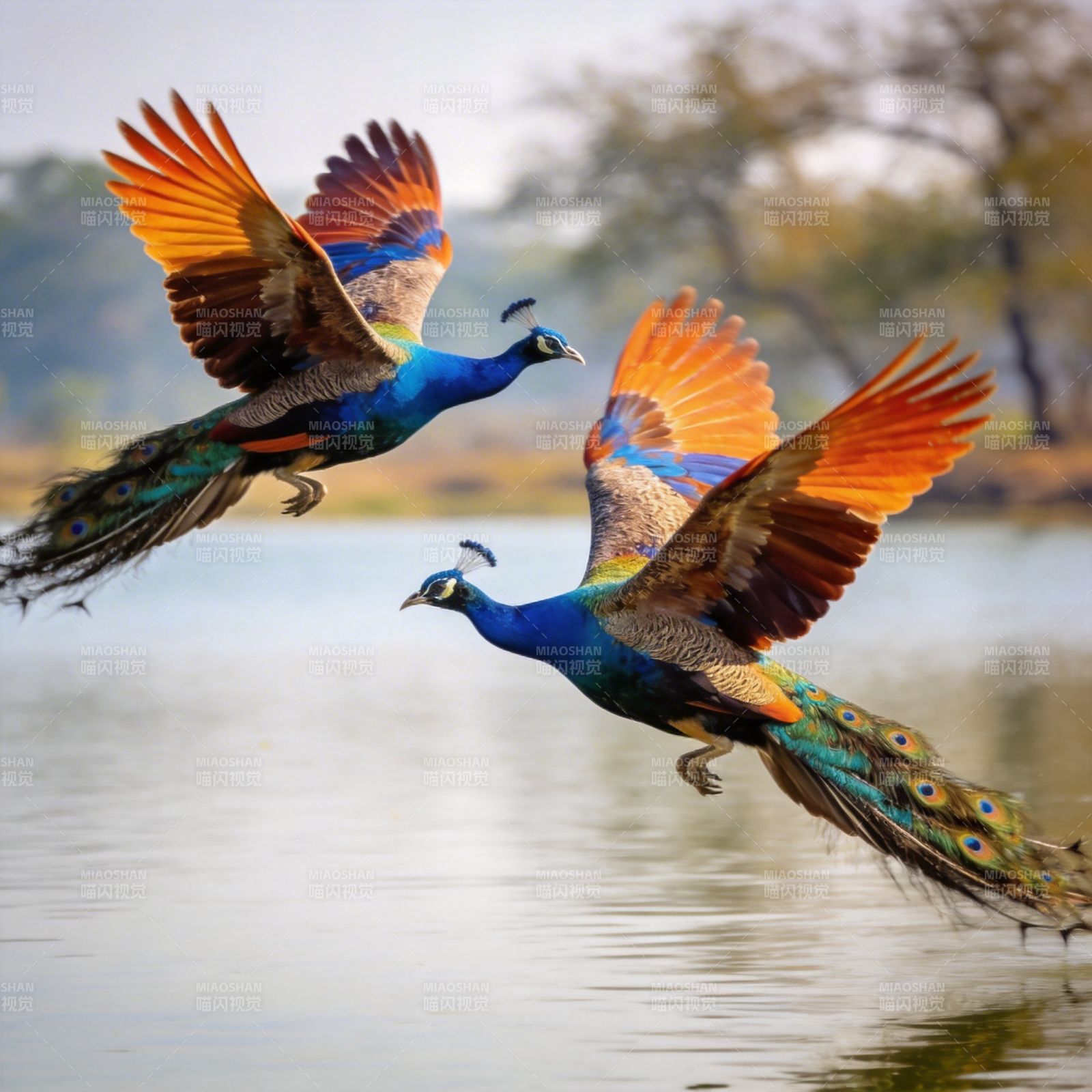 孔雀飞翔湖上图片