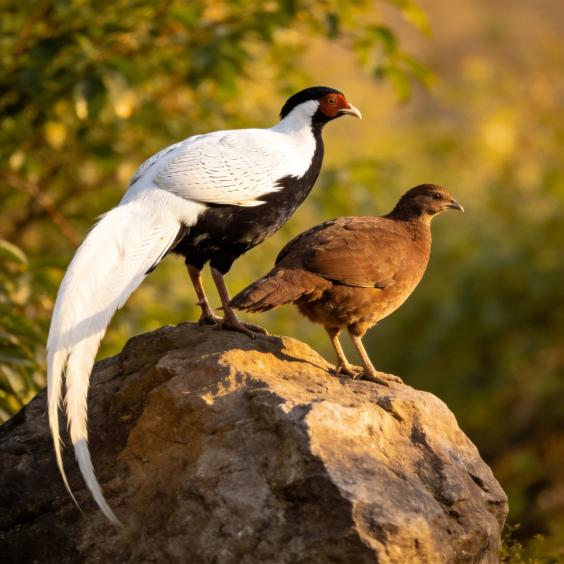 白鹇与雌鸟栖岩上图片