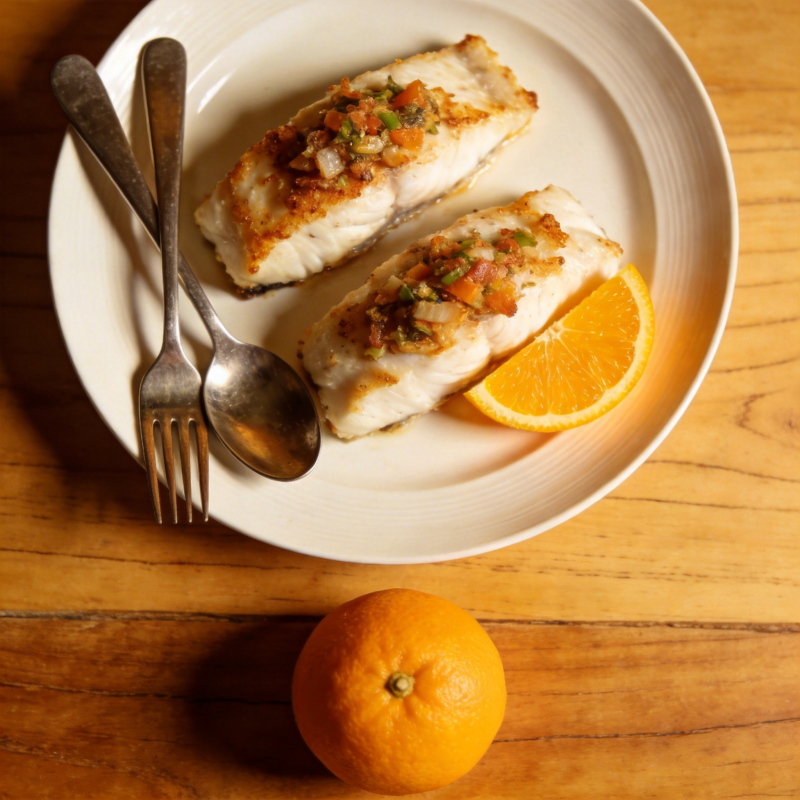 橙香烤鱼配橙片图片