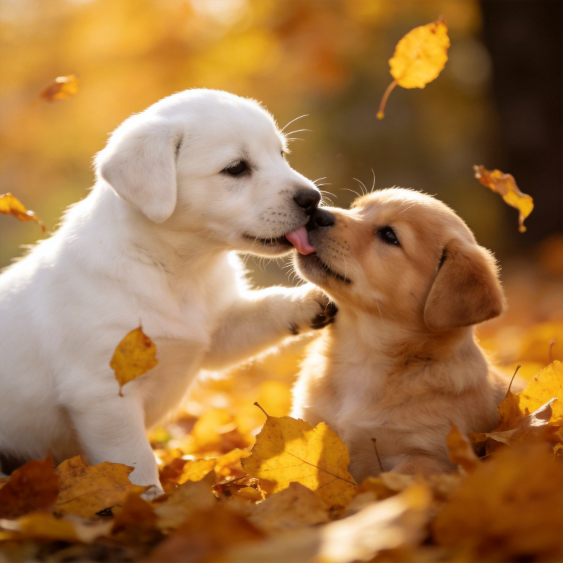 秋叶中的萌犬亲吻图片