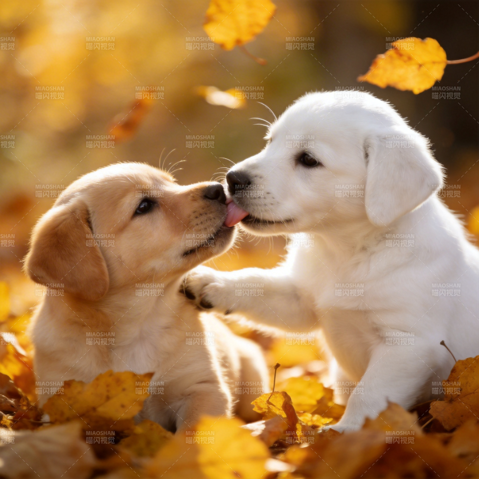 秋叶中的萌犬亲吻图片