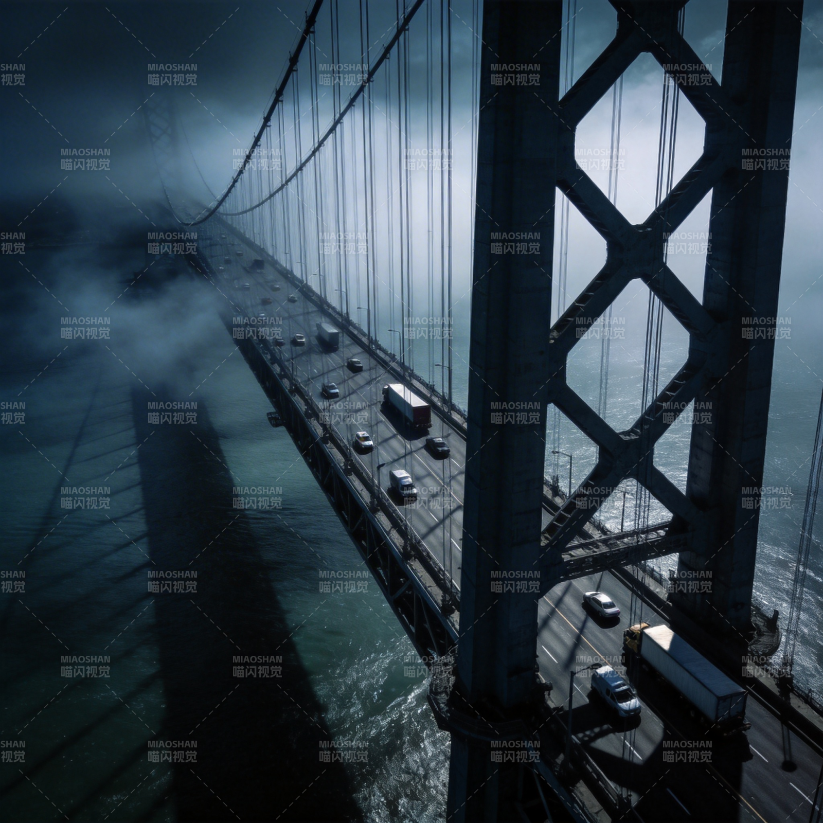 雾锁大桥夜影图片