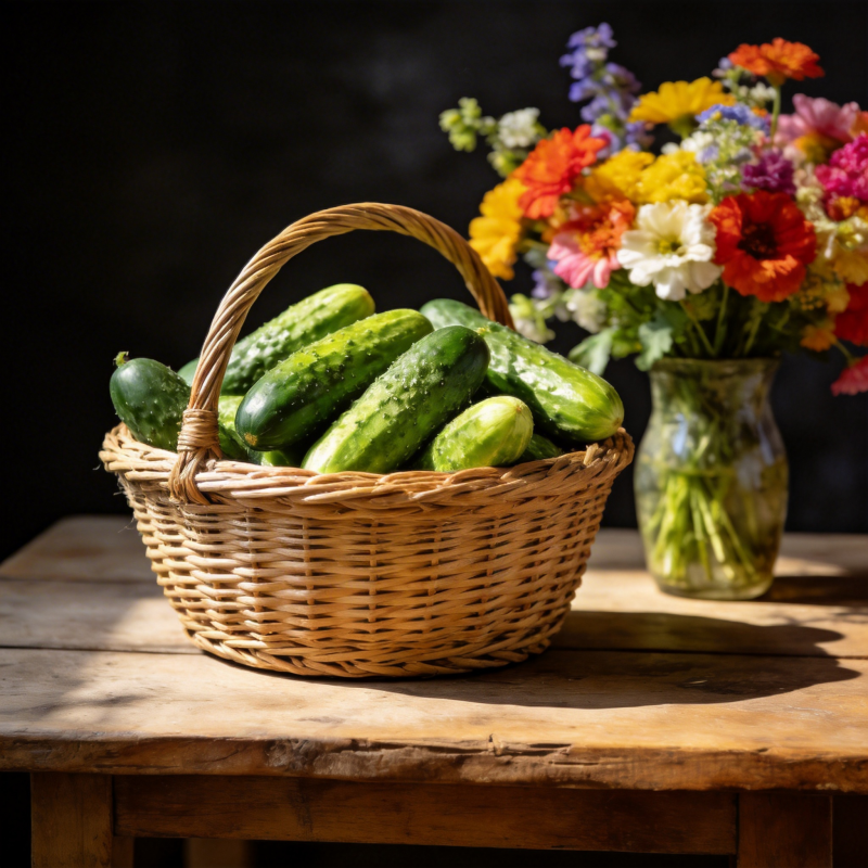 黄瓜与花束静物图片