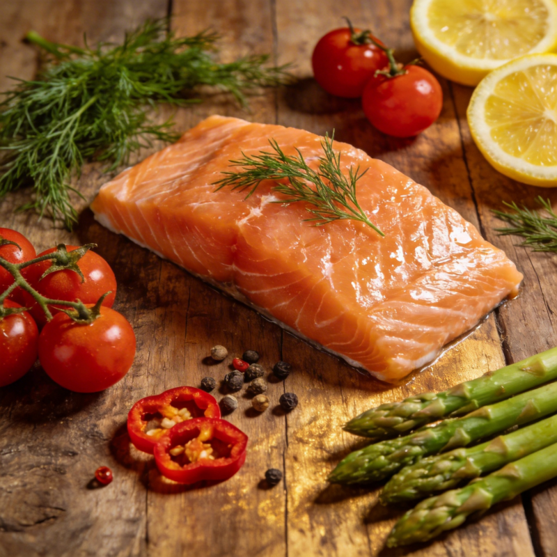 鲜嫩三文鱼配时蔬图片