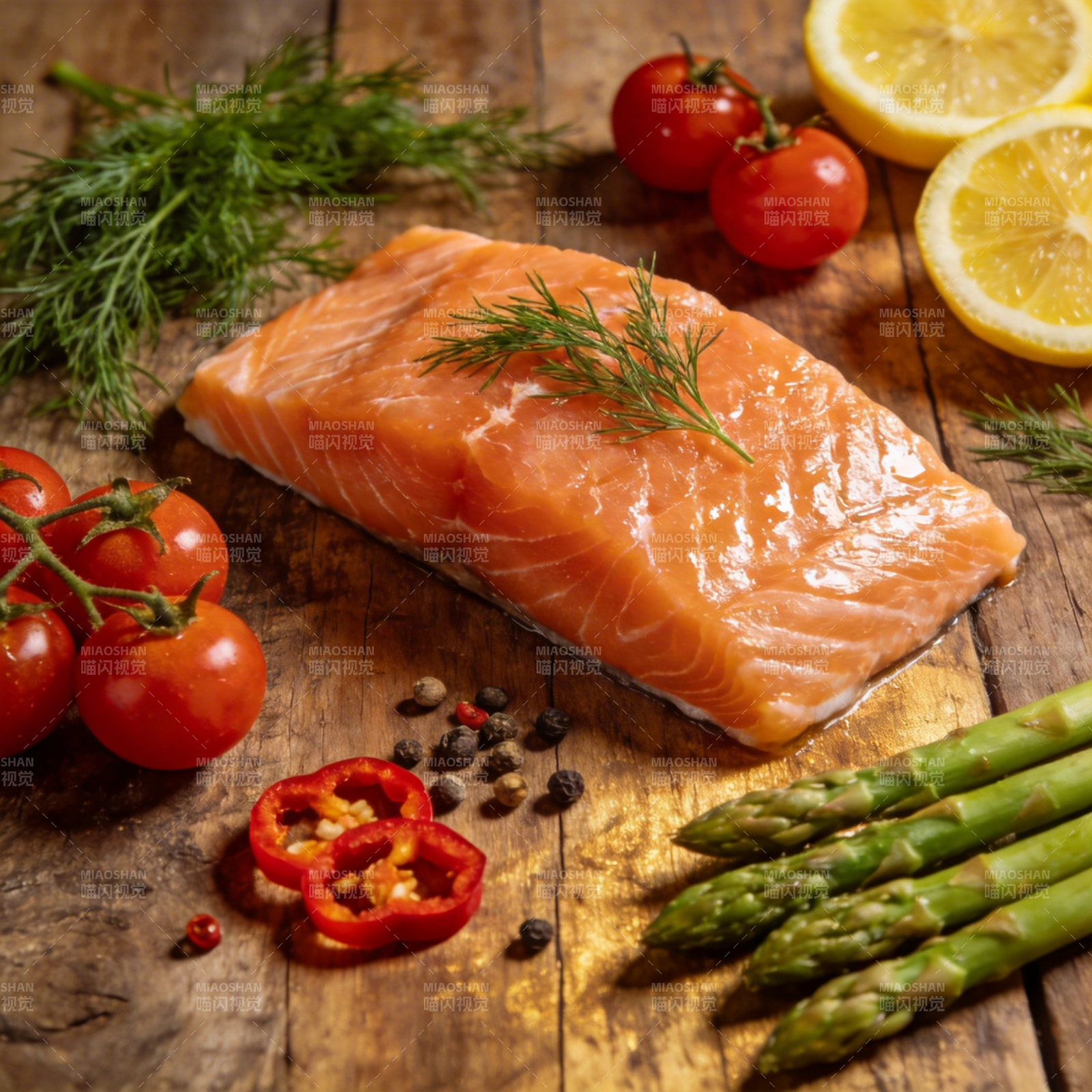 鲜嫩三文鱼配时蔬图片