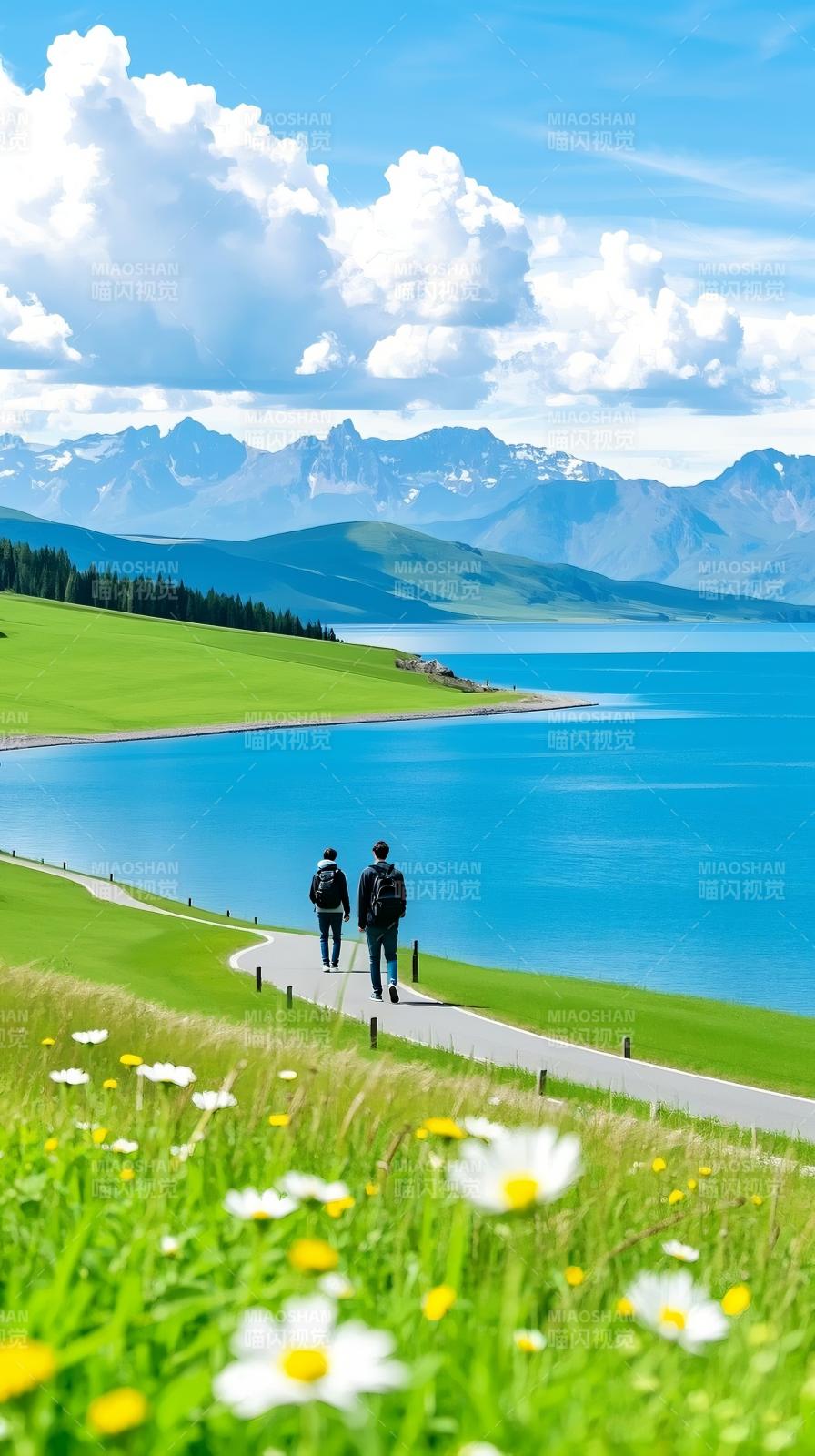 湖畔远足 山花烂漫图片