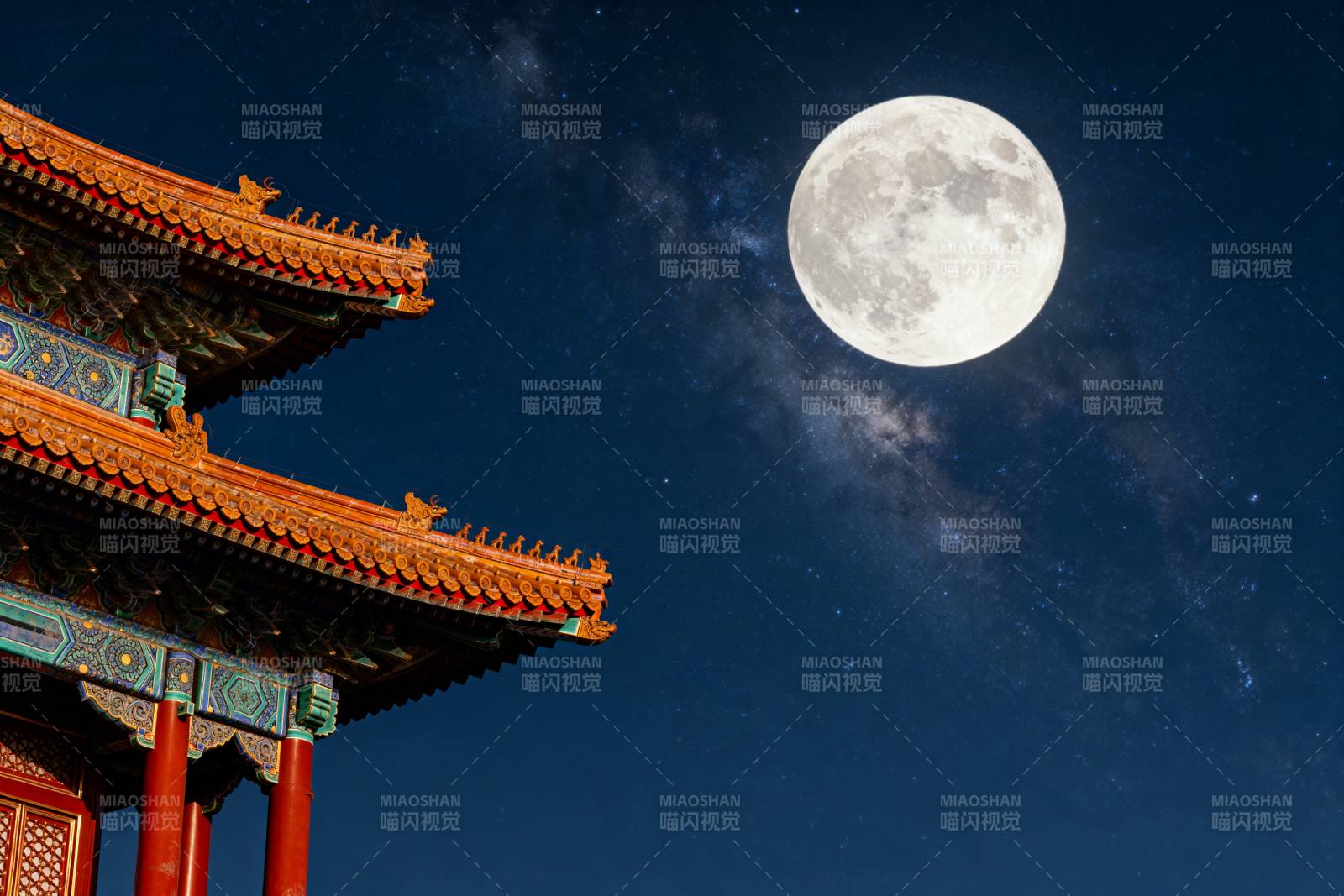 古建筑夜赏明月图片