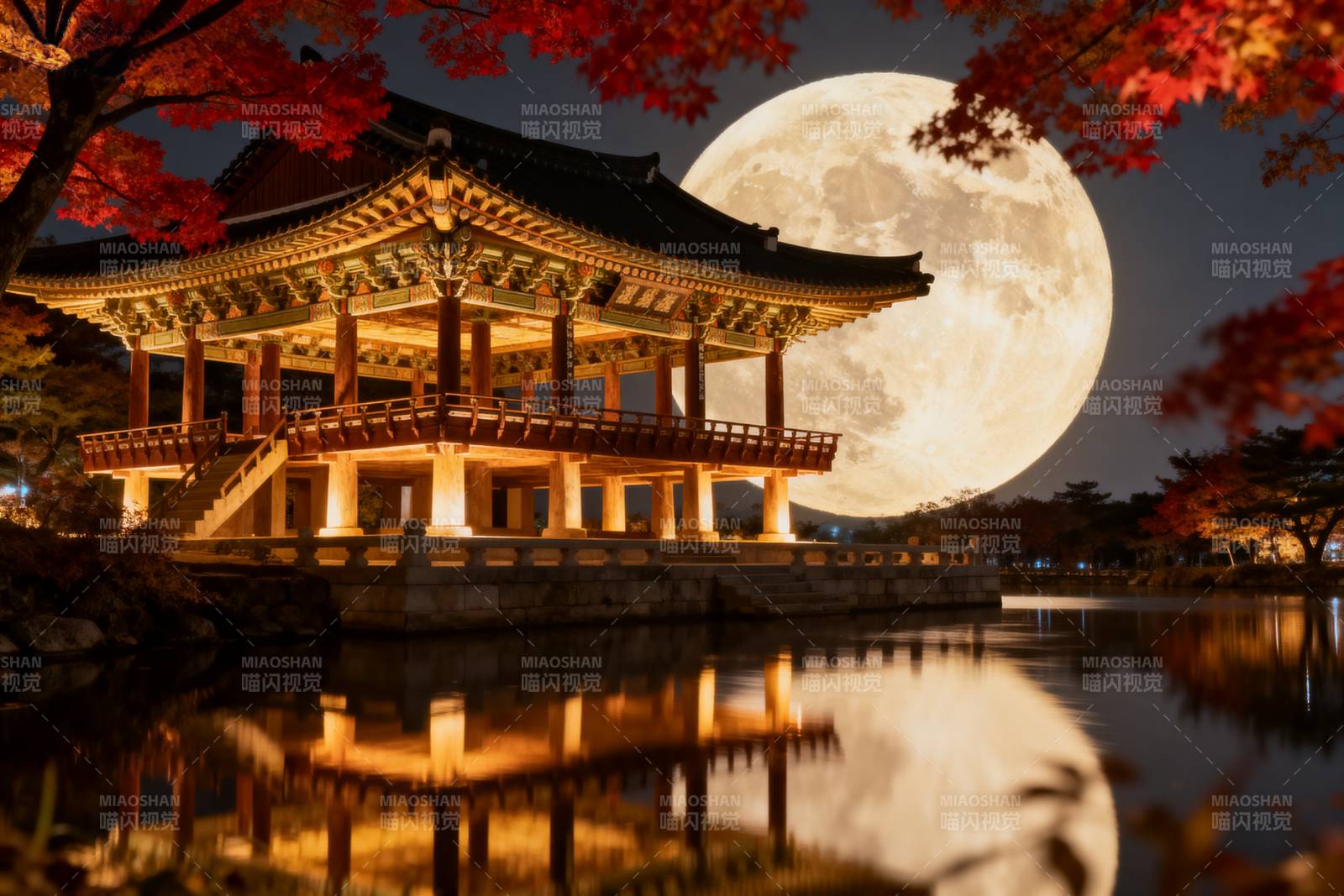 月下古亭映秋色图片