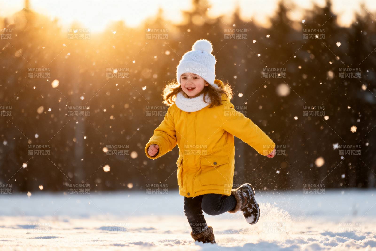 雪中奔跑的小女孩图片