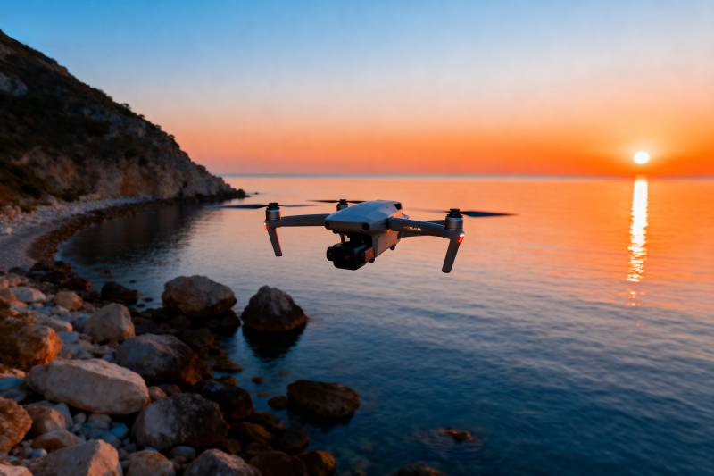 无人机航拍日落海景图片