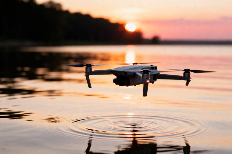 无人机湖上日落飞行图片